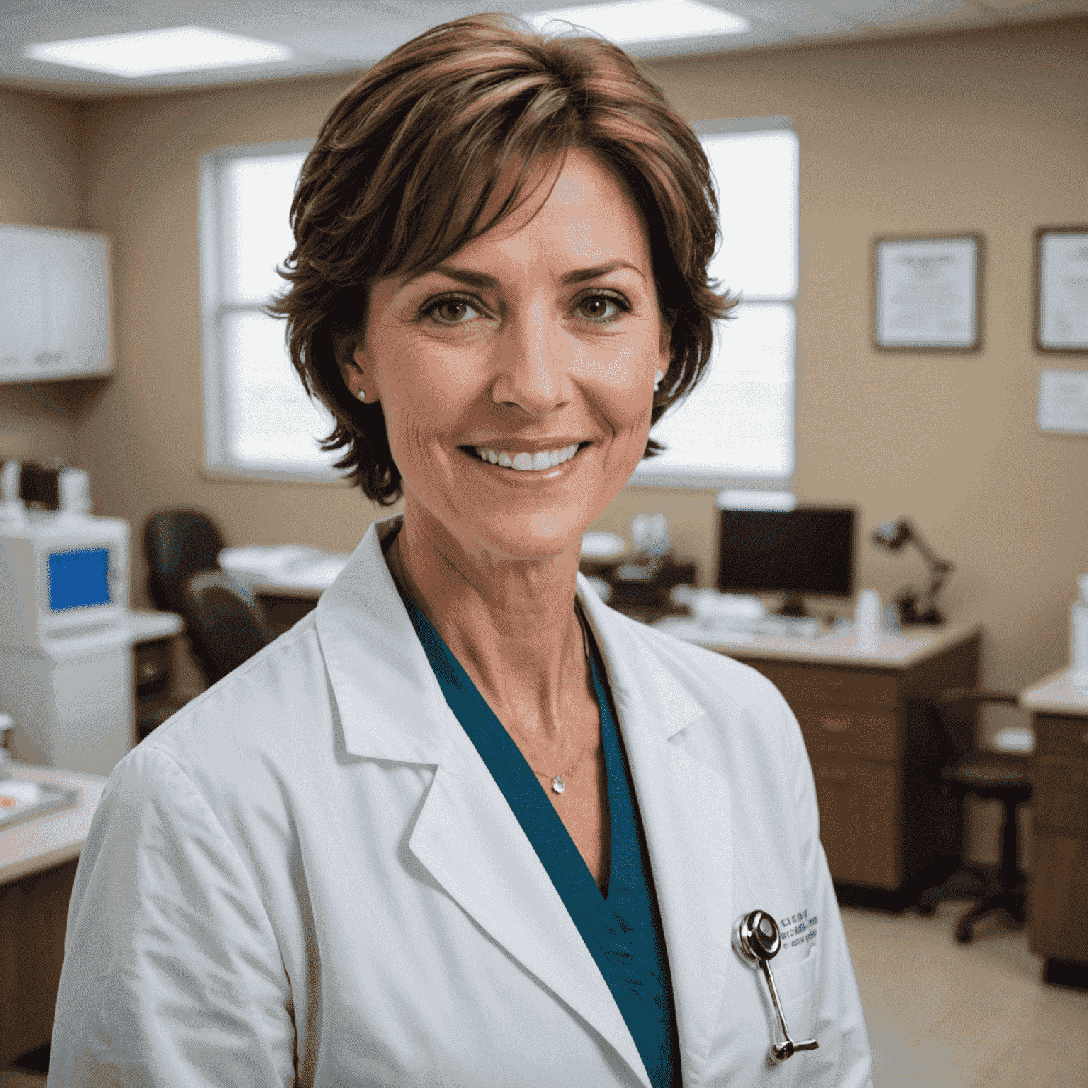 A middle-aged woman with short brown hair and a warm smile, wearing a white lab coat. She has kind eyes and appears to be in a medical office setting.