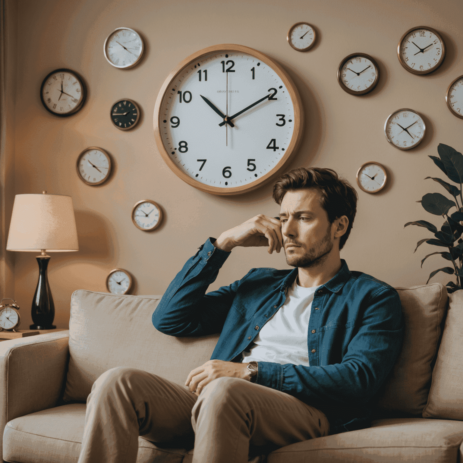 A person sitting on a couch looking tired, with a clock showing passing time in the background, symbolizing the persistent fatigue experienced in Chronic Fatigue Syndrome