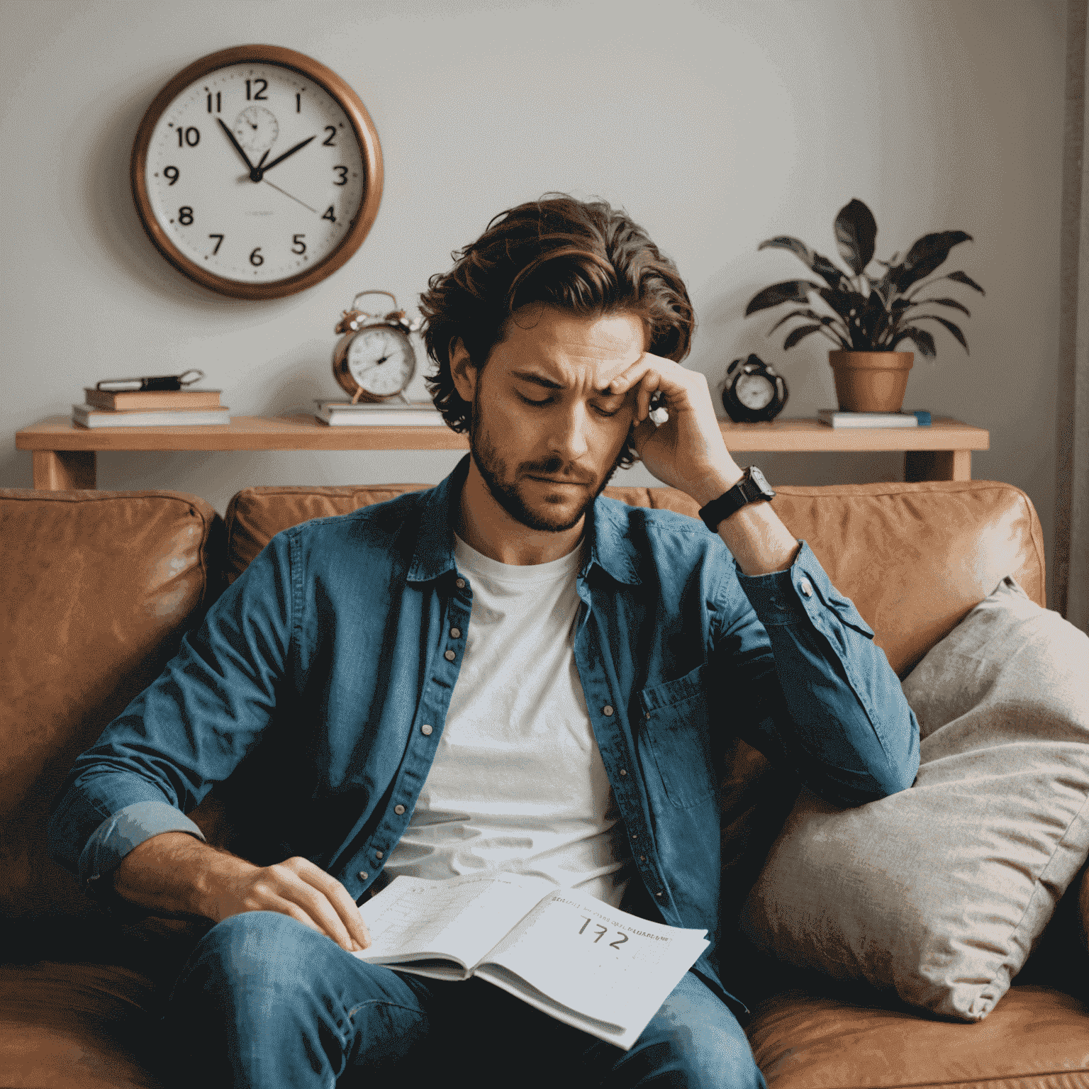 A person sitting on a couch looking tired, with a clock and calendar in the background to symbolize the persistent nature of Chronic Fatigue Syndrome