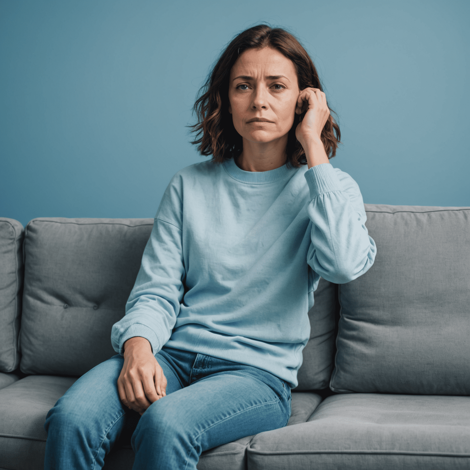 A person sitting on a couch looking exhausted, with a soft blue background representing the struggle with chronic fatigue syndrome