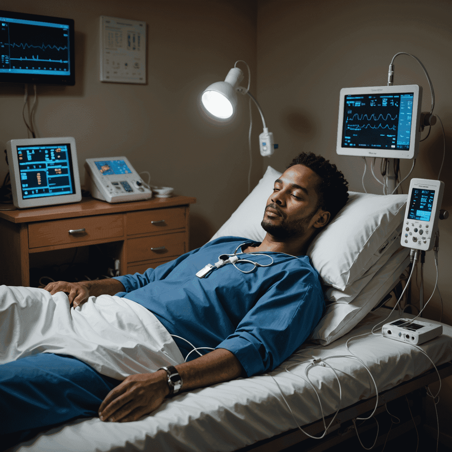 A patient undergoing a sleep study, connected to various monitoring devices in a dimly lit, comfortable sleep lab room