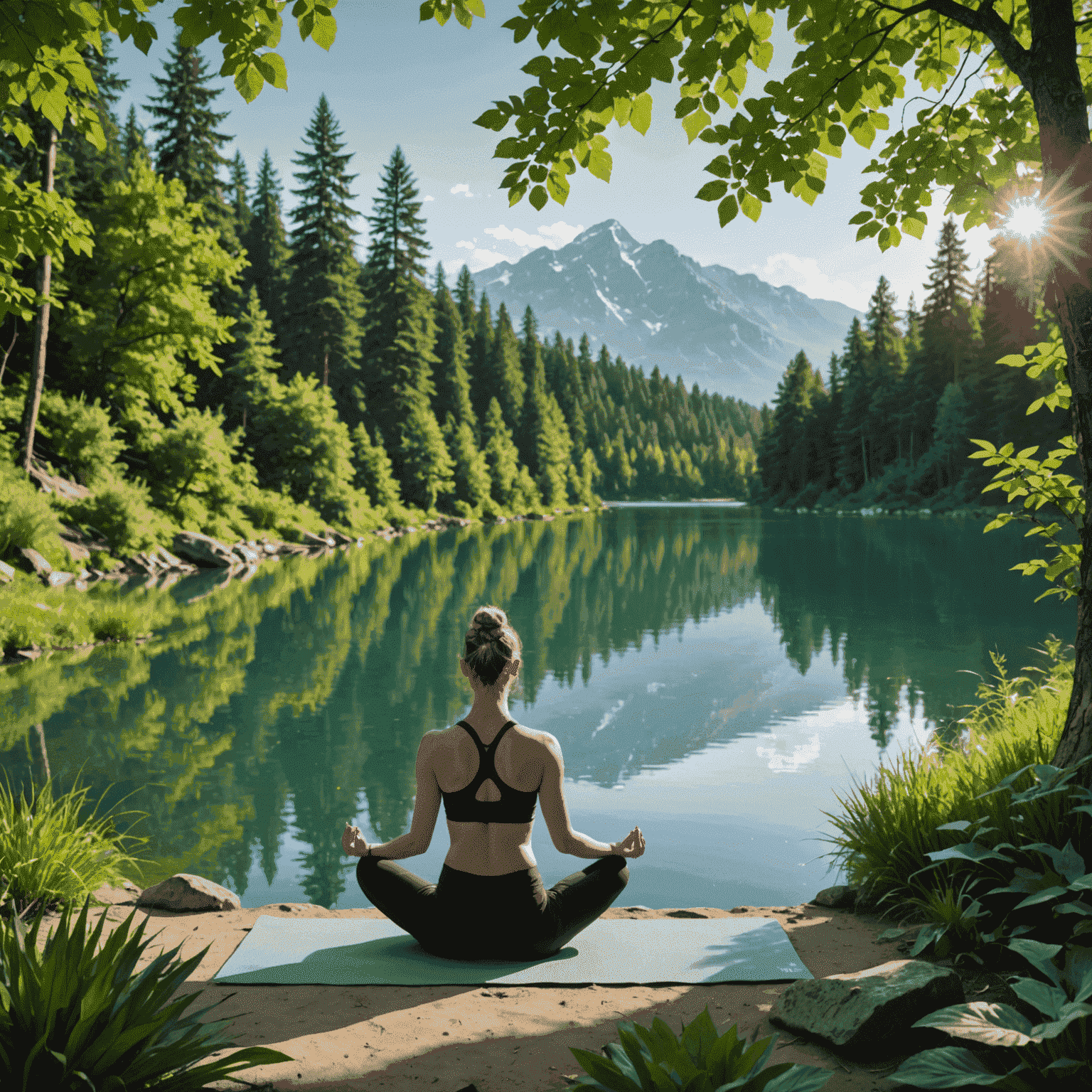 A serene nature scene with a person practicing yoga by a calm lake, surrounded by lush greenery, symbolizing holistic approaches to managing fatigue