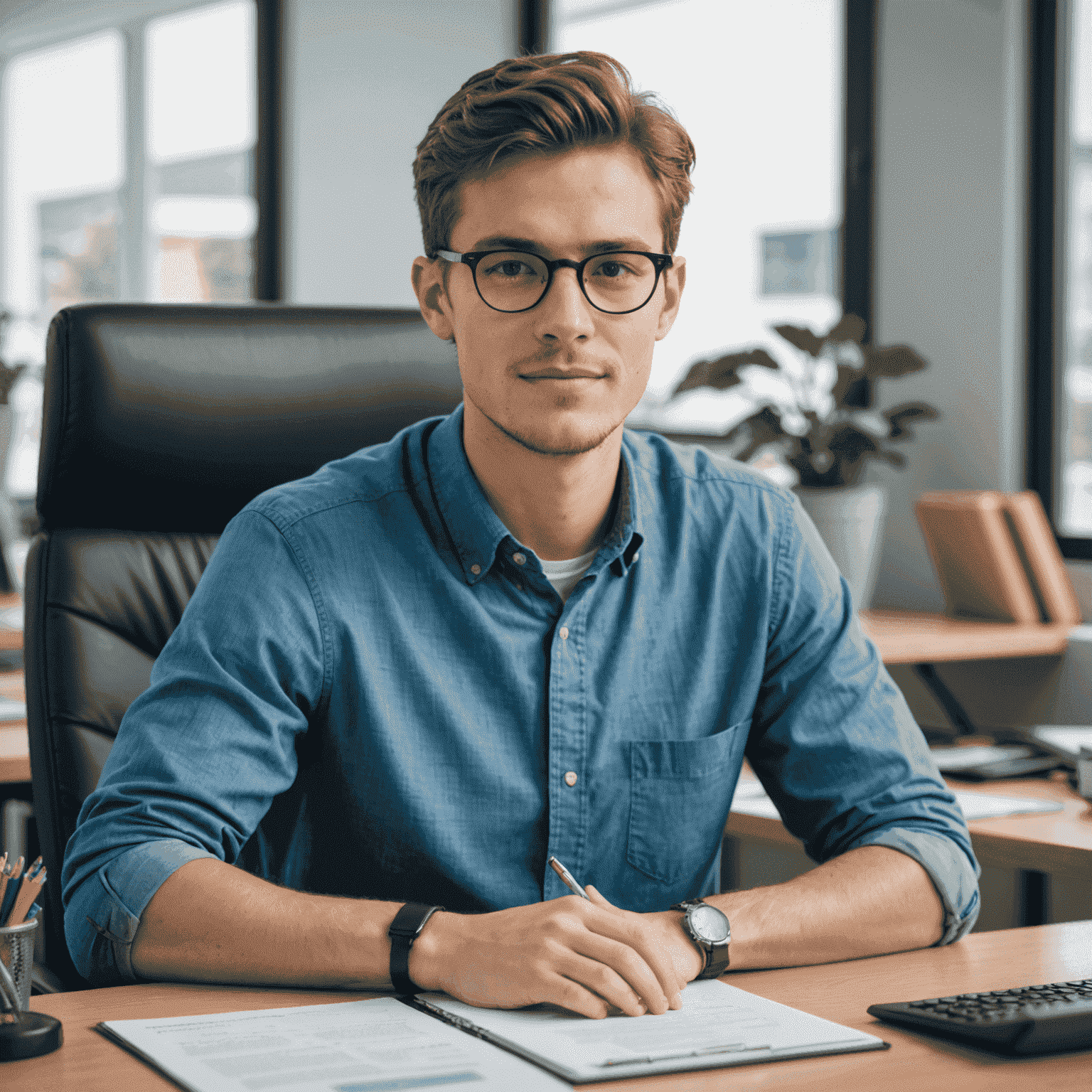 A young man with glasses and a friendly expression, wearing a casual blue shirt. He is sitting at a desk with a computer, suggesting he works in content or research.