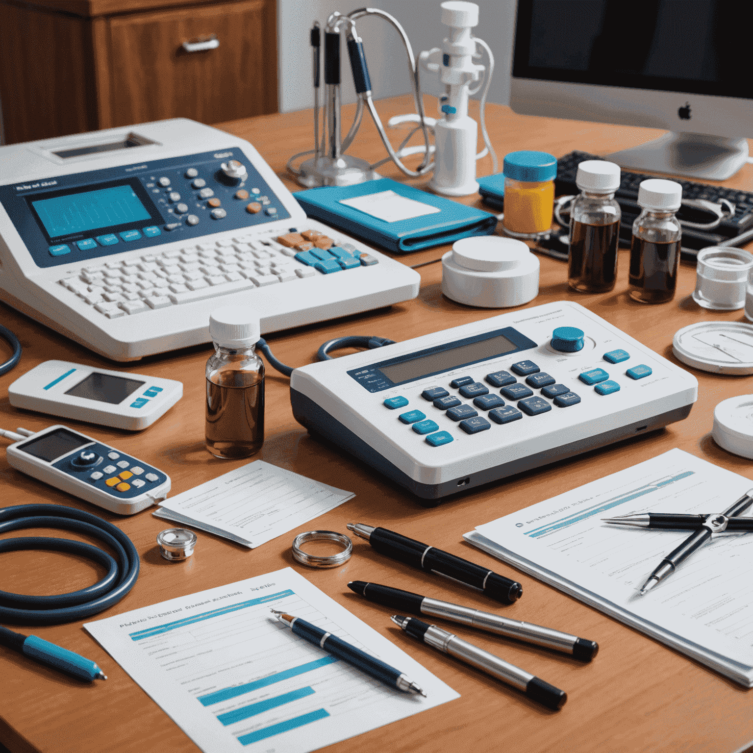 Medical equipment for various tests, including blood samples, brain scans, and physical examinations, representing the diagnostic journey for fatigue-related conditions