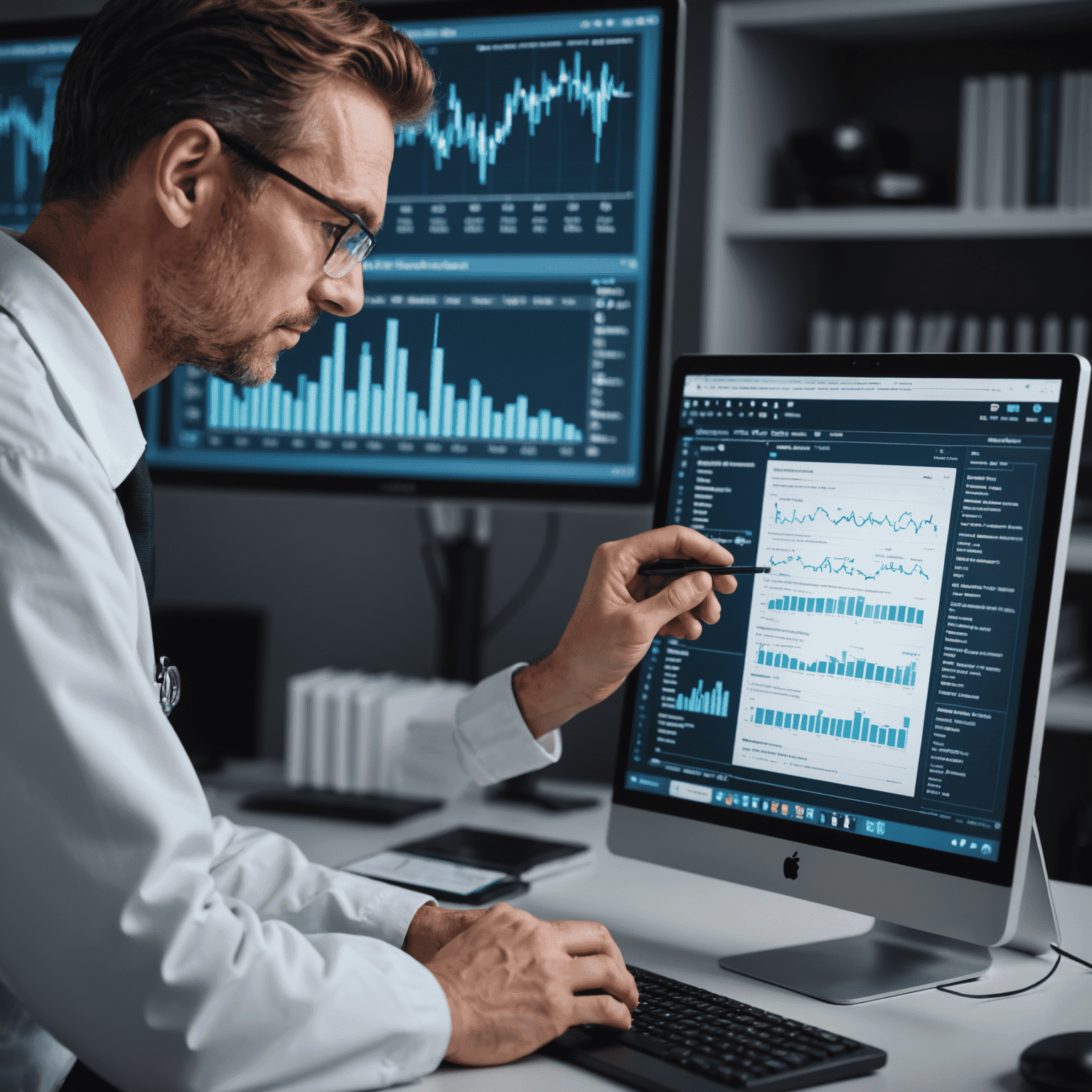 A medical professional examining DNA test results on a computer screen, with genetic sequence visualizations and charts visible