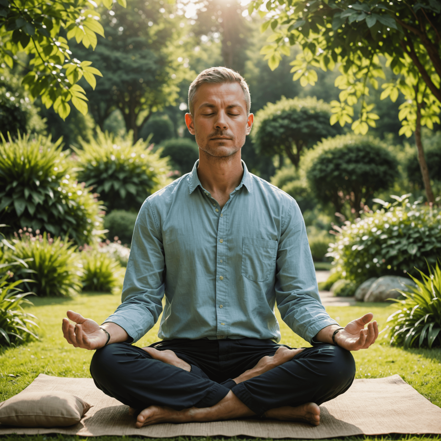 A person meditating in a peaceful garden setting, surrounded by soft, natural light, representing the calming effects of mindfulness practices