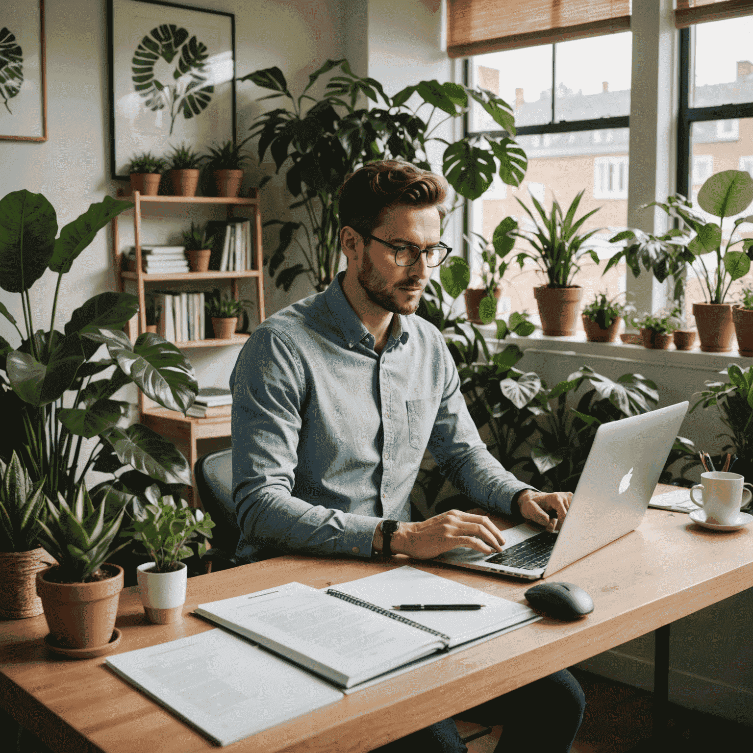 A man working at a desk with a laptop, surrounded by plants and natural light, showcasing a balanced work environment