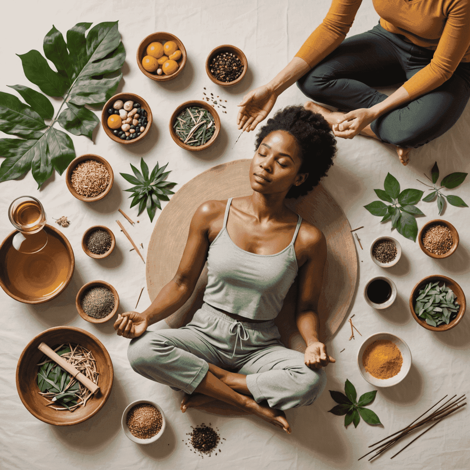 A serene image showing various holistic treatment methods like meditation, herbal remedies, acupuncture needles, and a person doing gentle yoga, representing a balanced approach to managing chronic fatigue