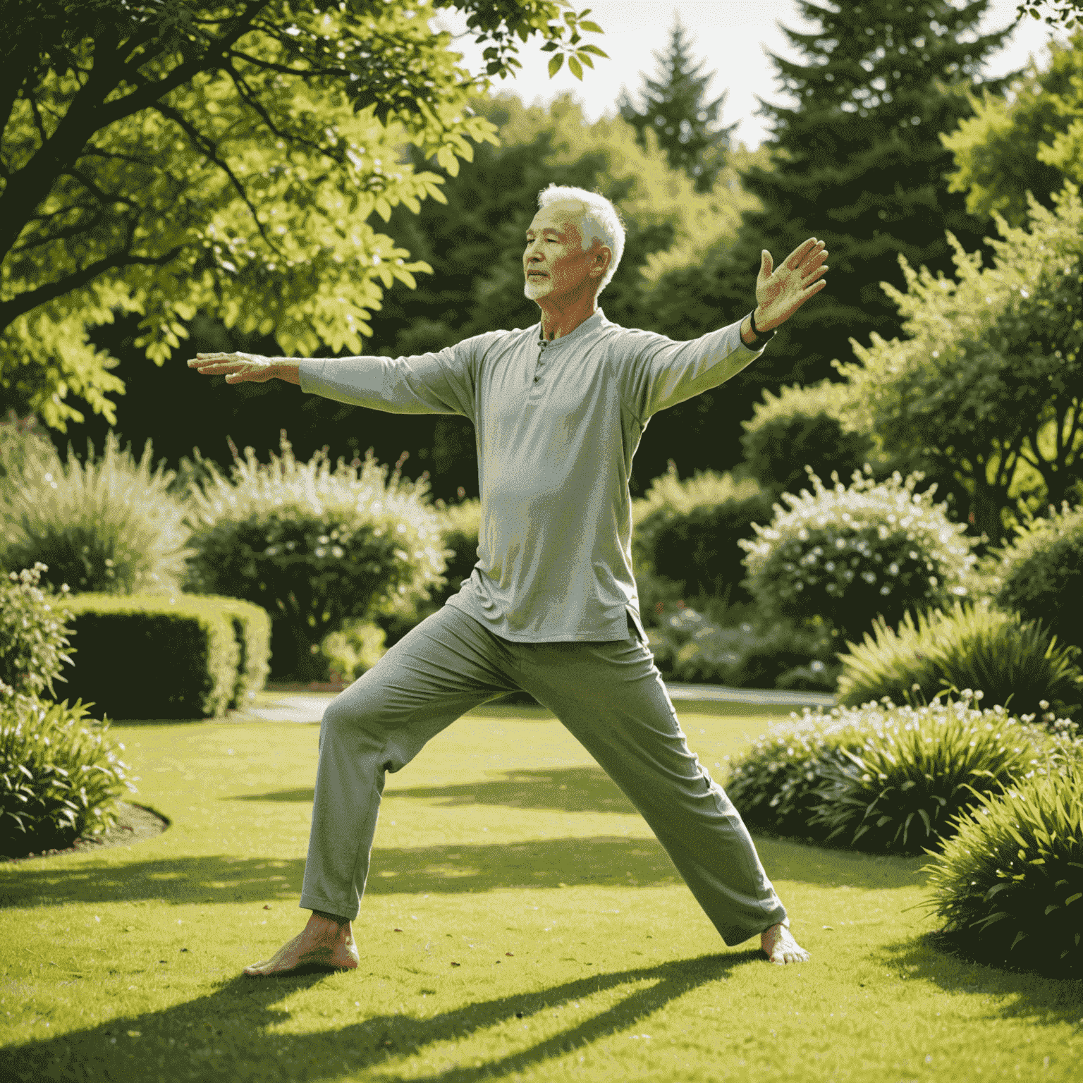 A person doing gentle stretches or tai chi movements in a peaceful garden setting, illustrating low-impact exercise for energy management