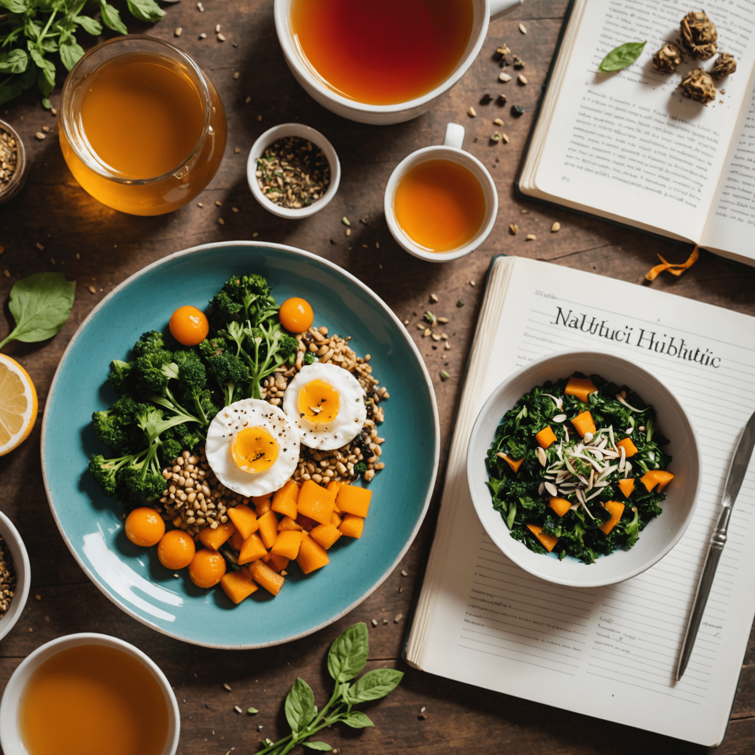 A colorful plate of nutritious food next to a journal and a cup of herbal tea, representing a holistic approach to health