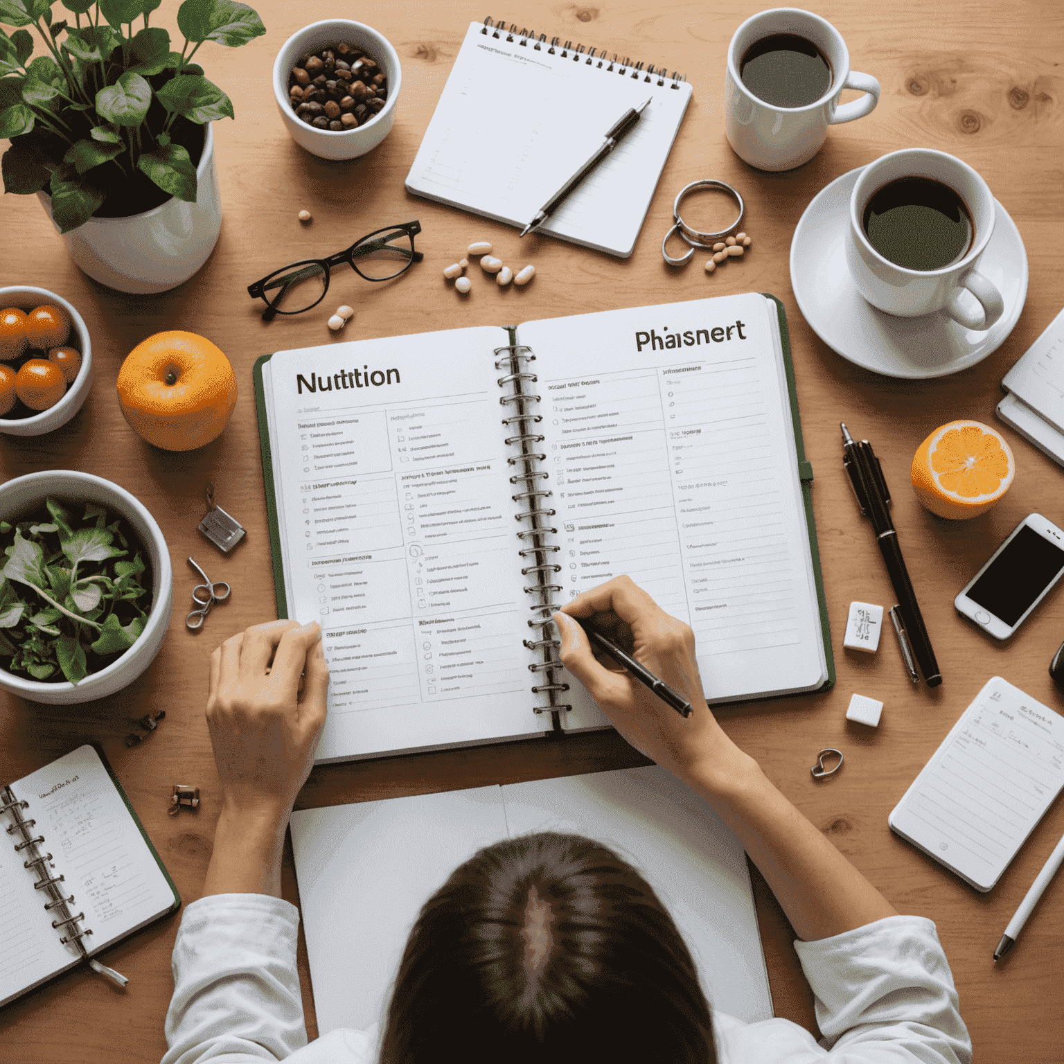 A person using a daily planner, surrounded by symbols of rest, nutrition, and gentle exercise, illustrating various energy management techniques